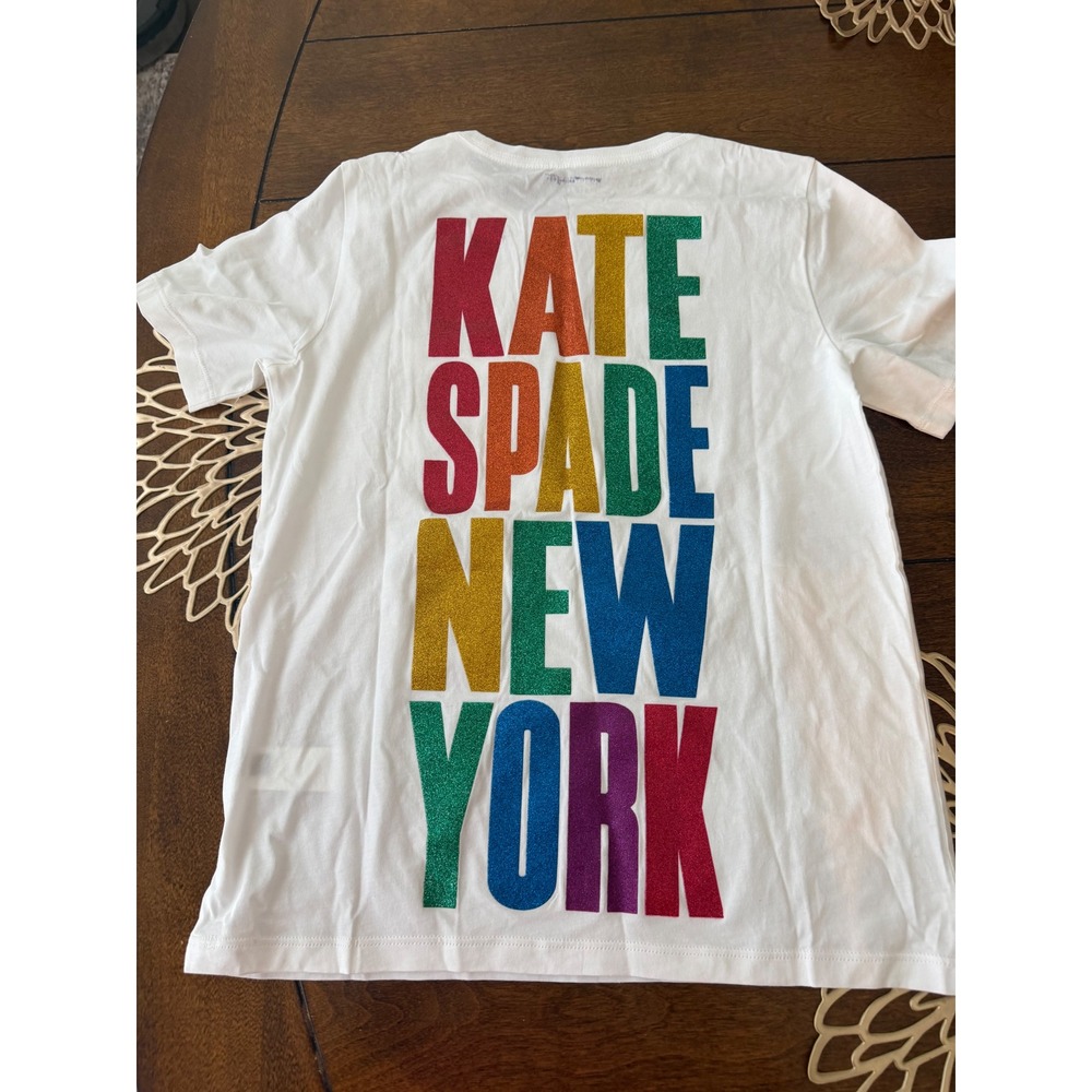Kate Spade New York Rainbow Glitter Logo Tee White Pima Cotton XS NJMUB283